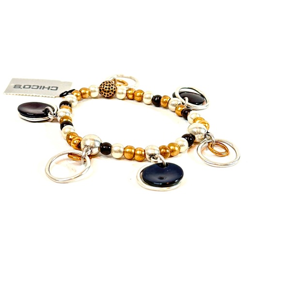CHICO’s ‘Hoopsy Hoops’ Gold & Silver Charm Bracelet w Black Accents | NWT - Picture 1 of 5